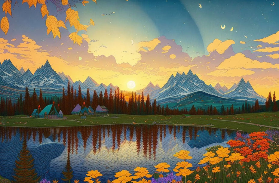 Serene lakeside camping scene with flowers, mountains, sunset, moon