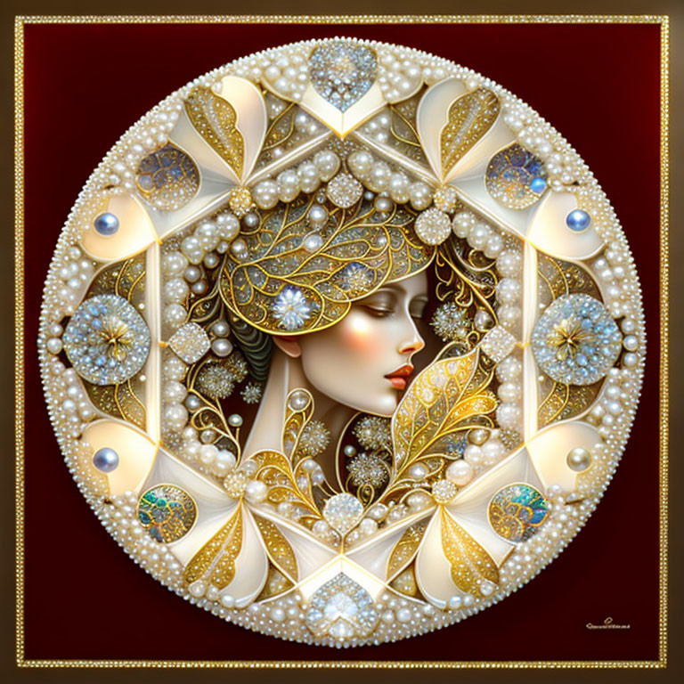 Woman's profile with ornate gold and pearl headdress on red and gold circular background