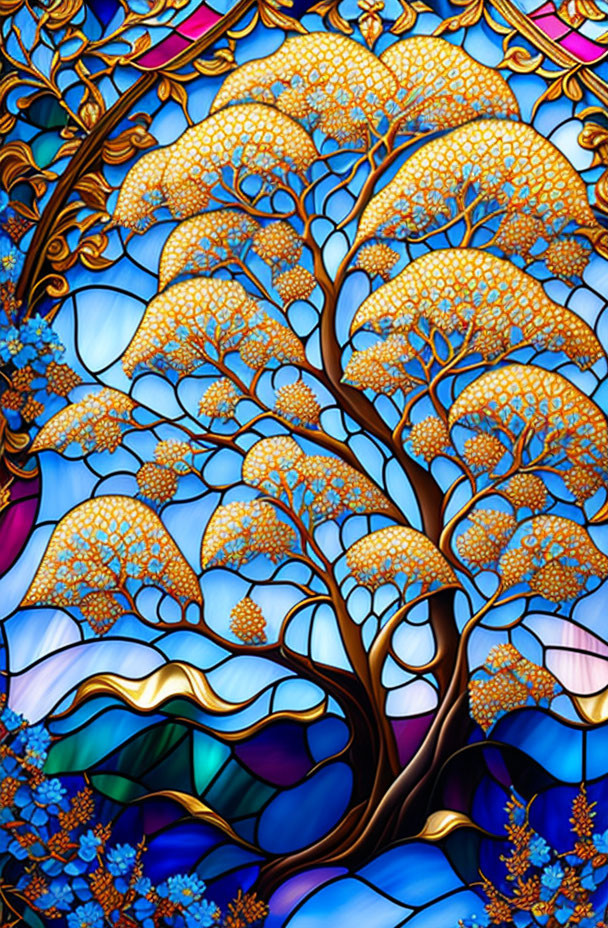 Colorful Stained Glass Window Featuring Golden Tree on Blue and Purple Background