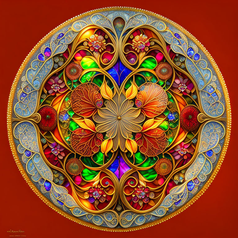 Colorful Mandala with Floral & Geometric Patterns on Red Background