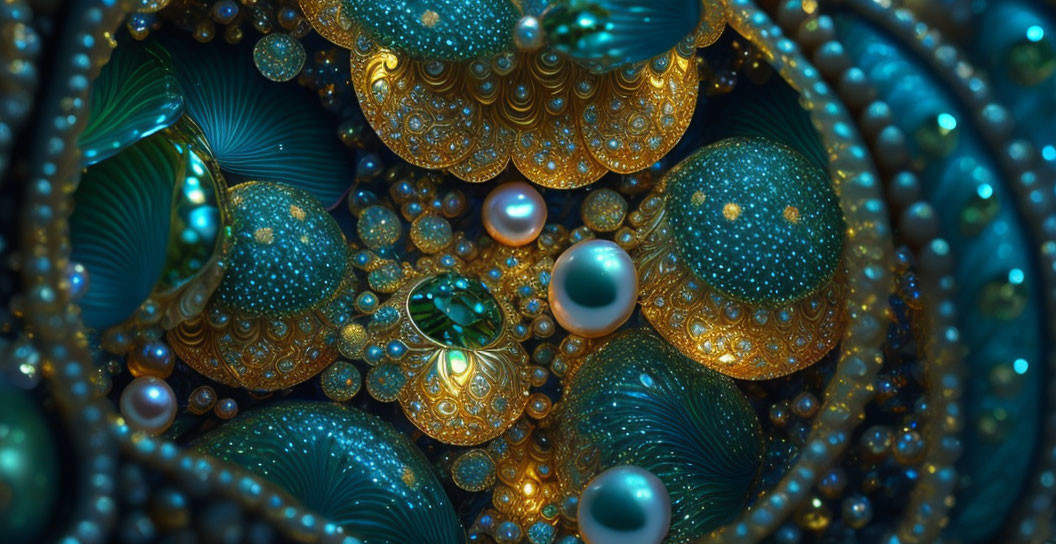 Blue and Gold Abstract Fractal Art with Spherical Shapes and Patterns