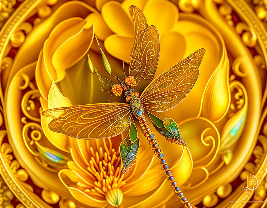 Golden dragonfly on yellow lotus in ornate digital art