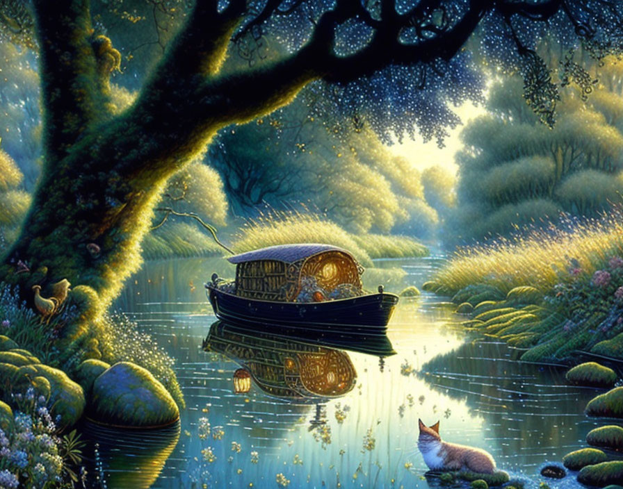 Enchanted river scene with lantern-lit boat, lush greenery, fireflies, and serene