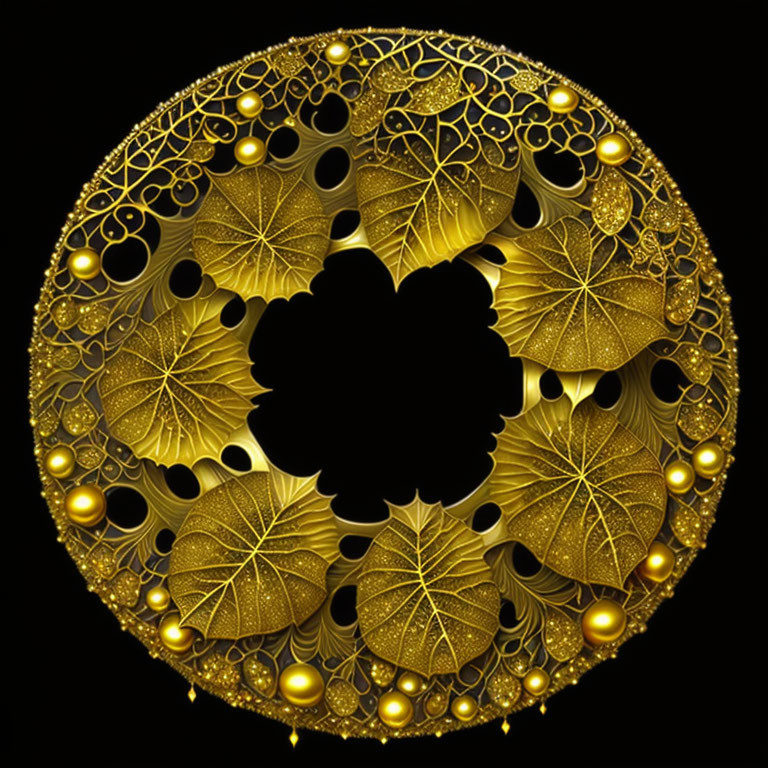 Circular Fractal Design with Gold Leaf Patterns on Black Background