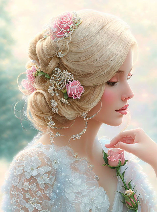 Illustrated woman with elegant updo and floral dress on dreamy background