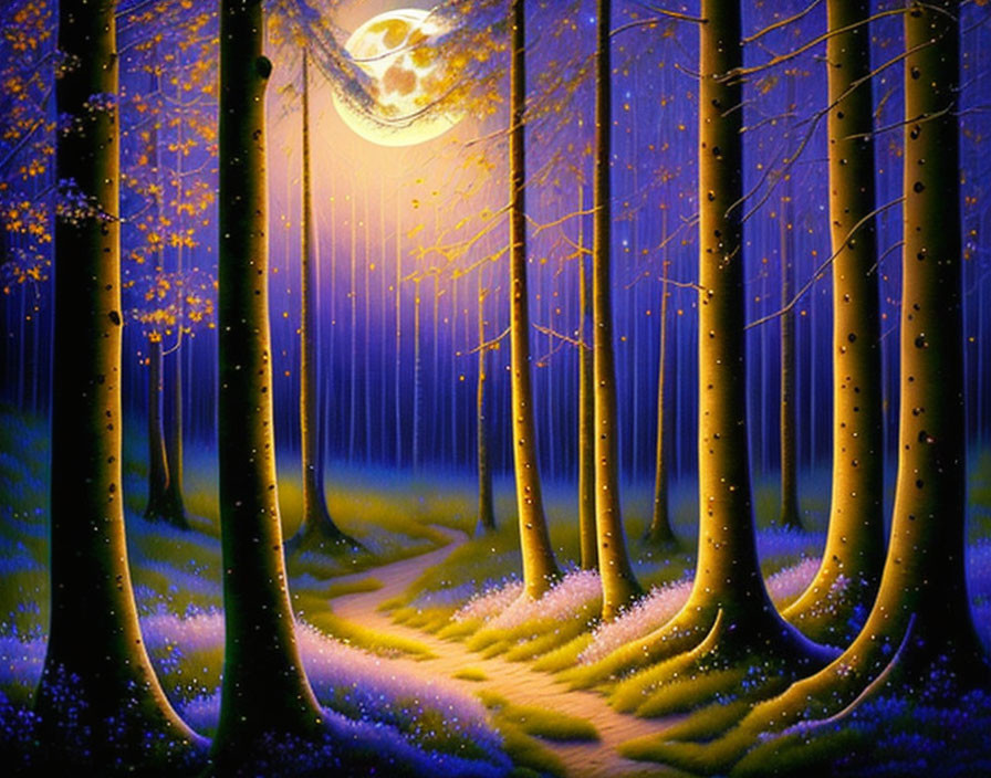 Nighttime forest scene with glowing moon, illuminated path, blue hues, and fireflies.