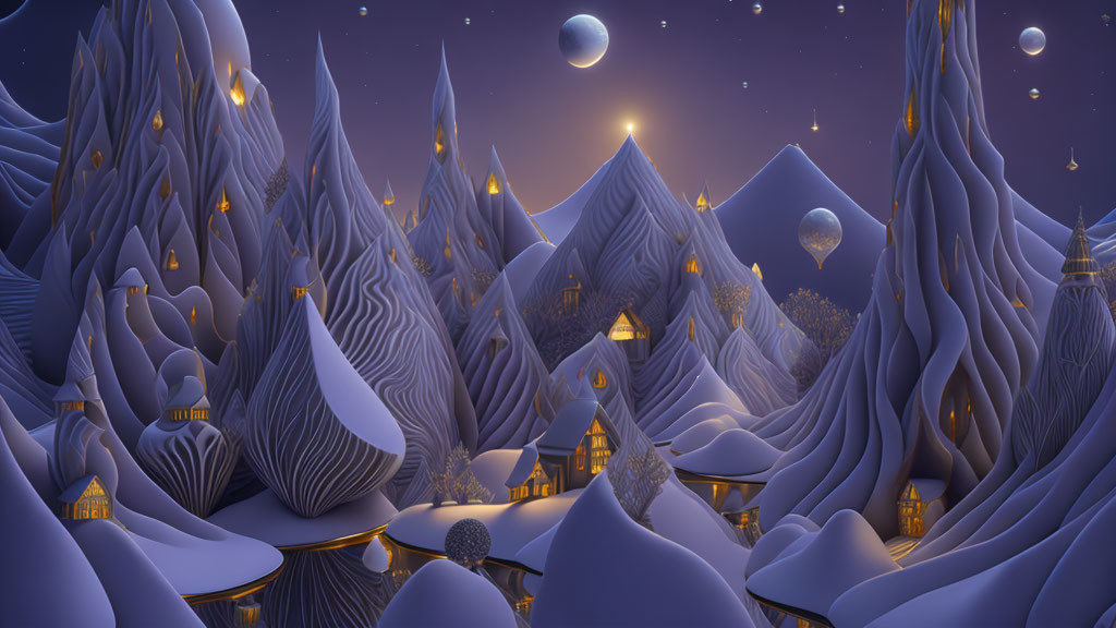 Whimsical purple mountains and glowing houses under a starry sky