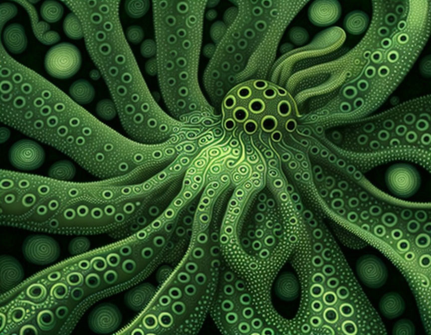 Abstract green fractal octopus with intricate patterns and circles