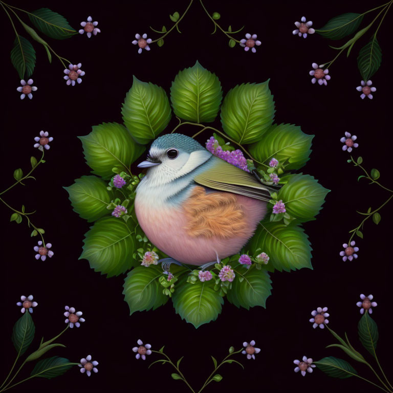 Colorful small bird with pink flowers and green leaves on dark background