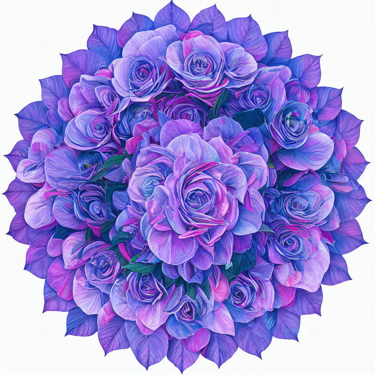 Symmetrical floral mandala artwork with purple and blue roses