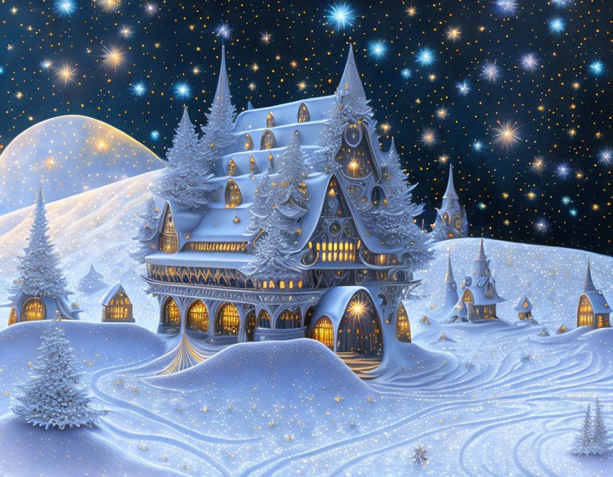 Snowy castle and pine trees under starry sky with moon