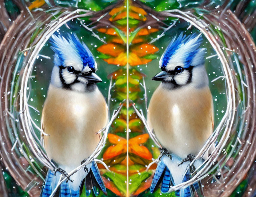 Colorful Bird with Blue Crest on Twig Against Green Leaves and Bokeh