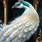 Detailed blue and gold peacock illustration on starry backdrop