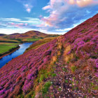 Colorful Stylized Landscape with Blooming Flora, River, Fields, and Sky