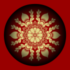 Symmetrical floral digital art with red, yellow, and blue petals on red background