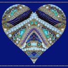 Intricately decorated heart with gold filigree, pearls, and blue gemstones on deep