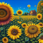 Colorful painting of sunflowers, whimsical house, trees, night sky, stars, full moon