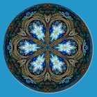 Symmetrical butterfly mandala in rich blues and gold on light blue background