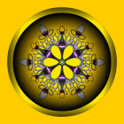 Symmetrical floral digital artwork with yellow and purple petals on yellow background