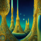 Fantasy landscape at night with golden towers and starry sky