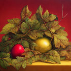 Golden pumpkins and orange flowers on red background with green leaves