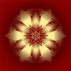 Symmetrical ornate floral design in gold, blue, and brown on red background