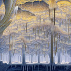 Whimsical painting: Tall, slender trees with yellow canopy tops under a starry night sky