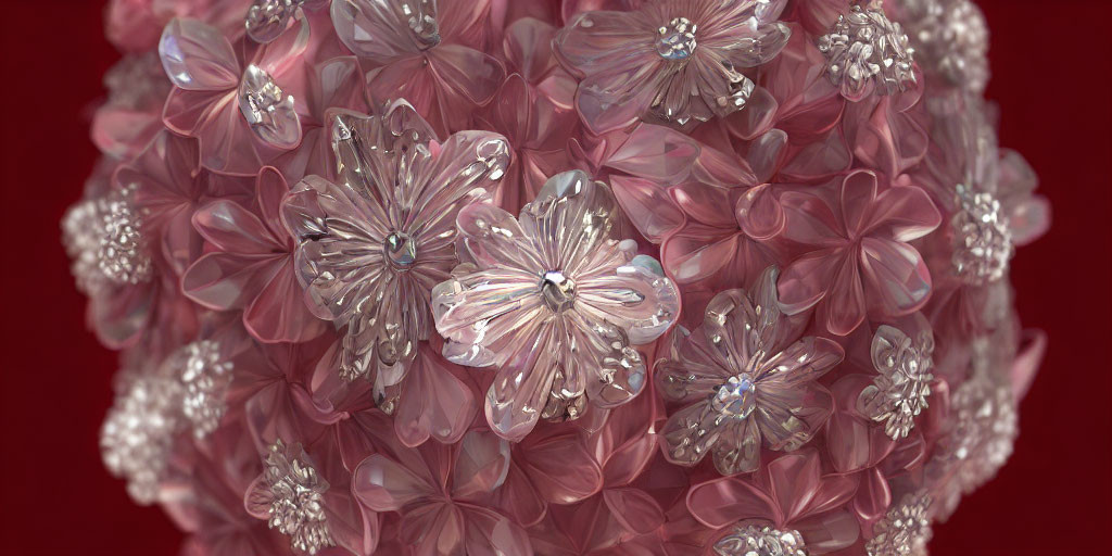 Delicate pink and silver flower sphere on red background