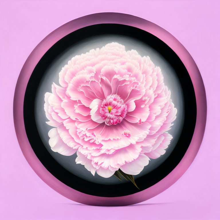 Vibrant pink peony in circular dark frame on soft pink background