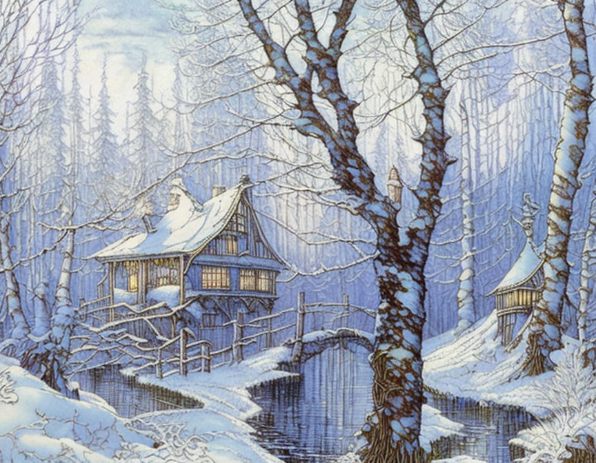 Snow-covered traditional houses in serene winter forest with stream.