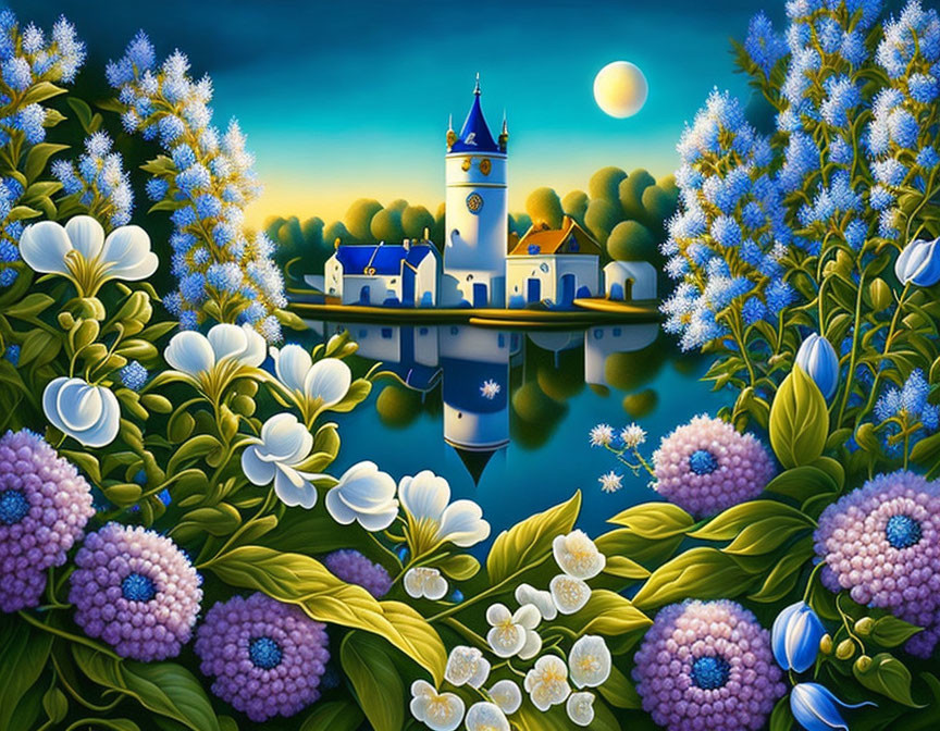 Whimsical castle surrounded by lush flowers and serene lake under moonlit sky