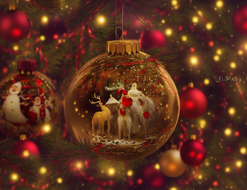 Festive Christmas ornament with reindeer and Santa Claus