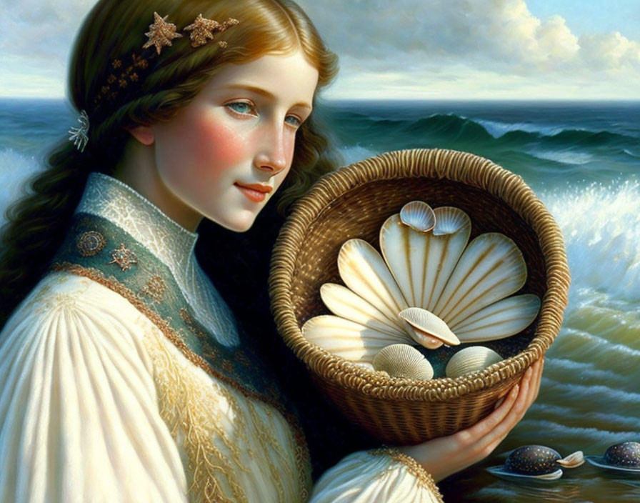 Historical attire young woman with wicker basket at the sea