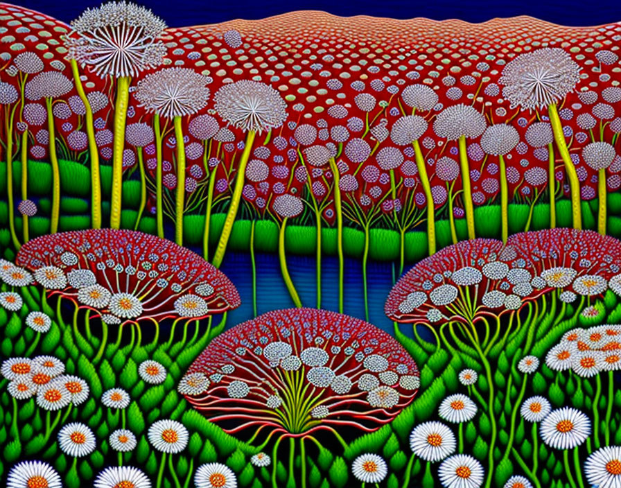 Colorful psychedelic landscape with dandelions, mushrooms, and green foliage.