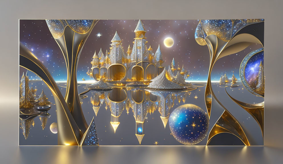 Golden castle with spires under starry sky and celestial orbs on smooth surface