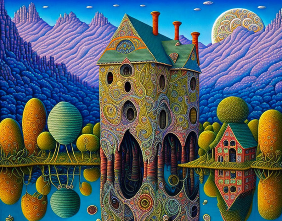 Surrealist painting: Whimsical landscape with egg-shaped houses and purple mountains