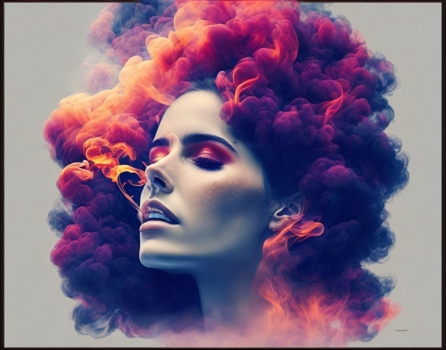 Colorful Smoke Surrounding Woman with Serene Expression