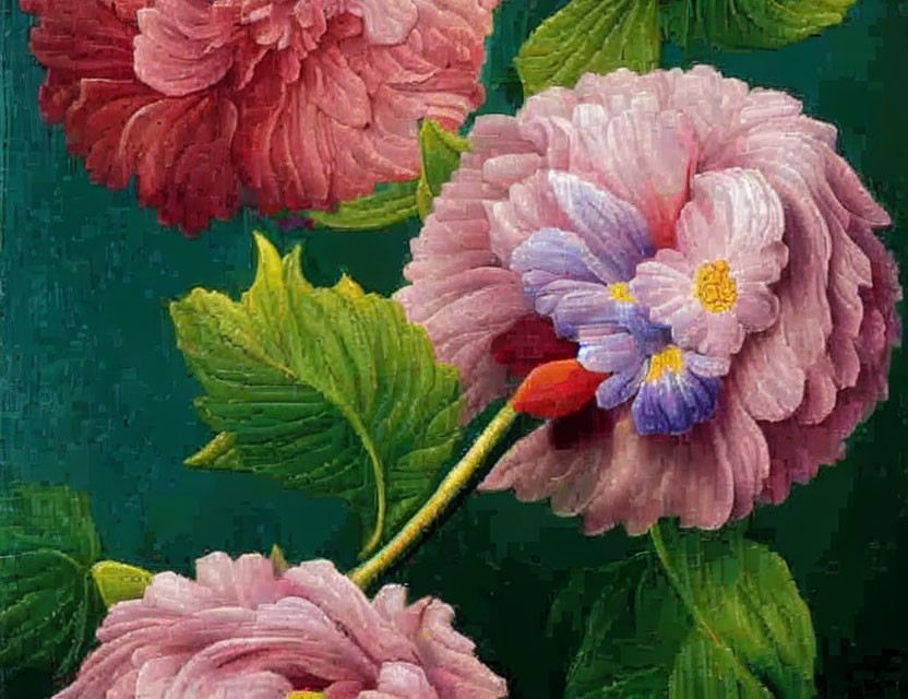 Detailed pink peonies painting on dark green background