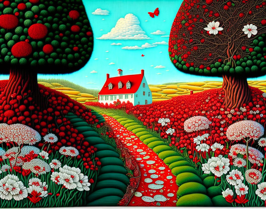 Colorful landscape painting with fruit trees, flowers, hills, house, and butterfly.