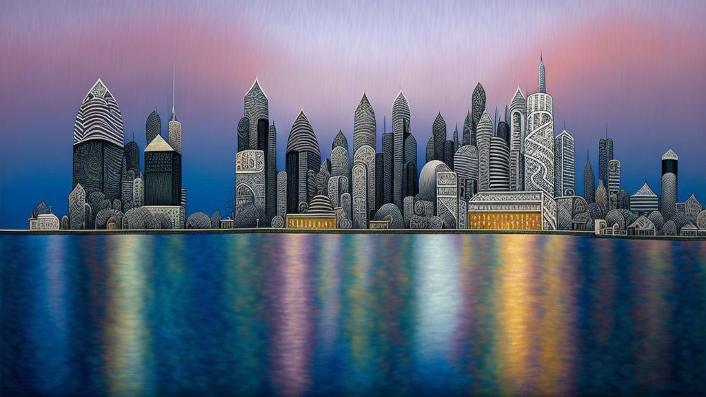 City skyline with patterned skyscrapers reflected on calm water at twilight