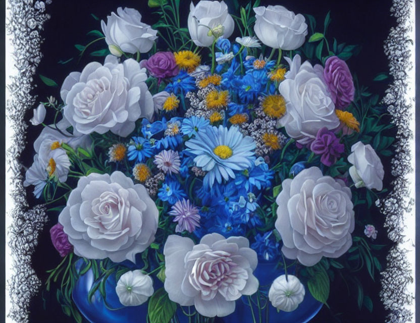 Colorful bouquet painting with white roses and blue flowers on black background