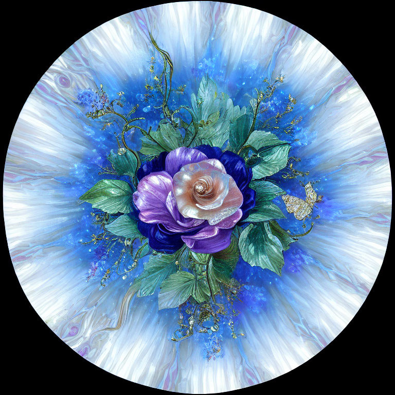 Circular purple flower artwork with pearl center and golden accents on blue and white background.