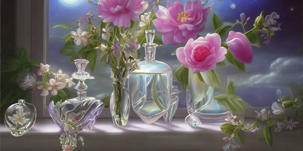 Pink flowers, perfume bottles, and candle holder in moonlit still life