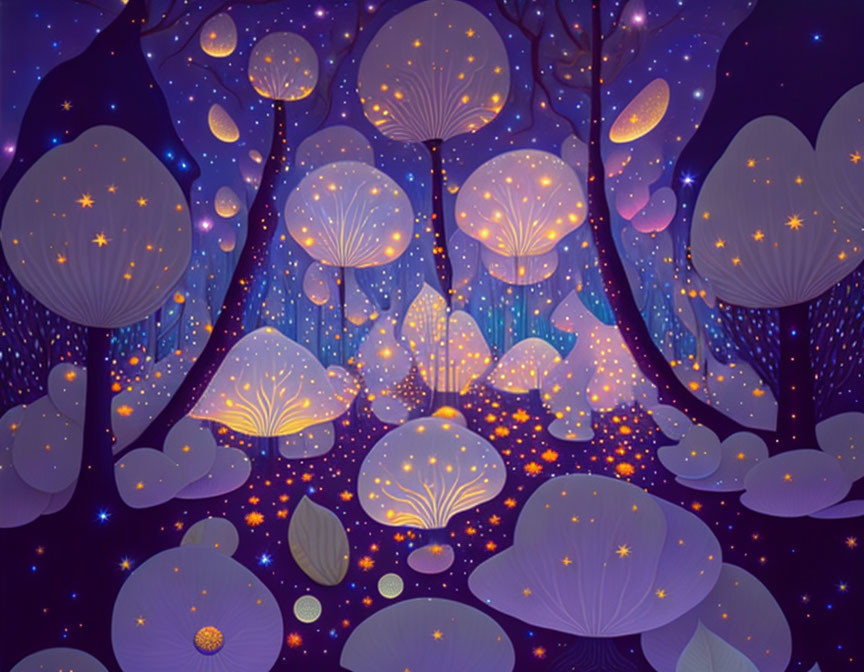 Whimsical forest illustration with glowing trees under starry night sky