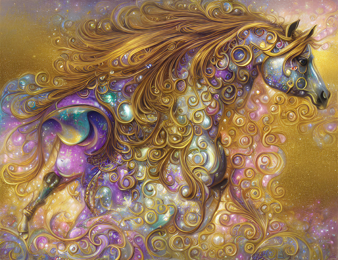 Colorful horse with golden mane in cosmic setting