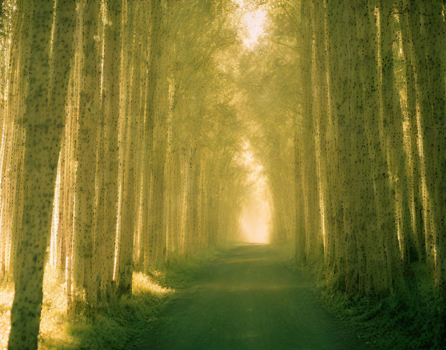 Dappled sunlight on serene forest path