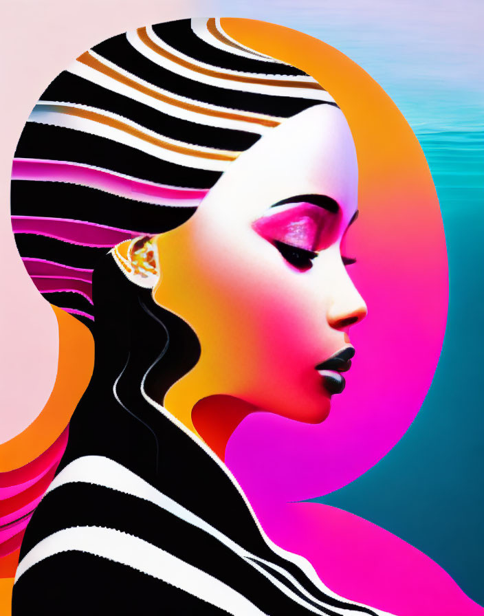 Stylized woman with striped hair on vibrant pink and turquoise backdrop