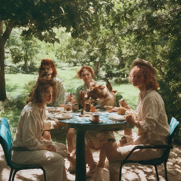 Outdoor dining scene with four people and a dog at table surrounded by greenery.