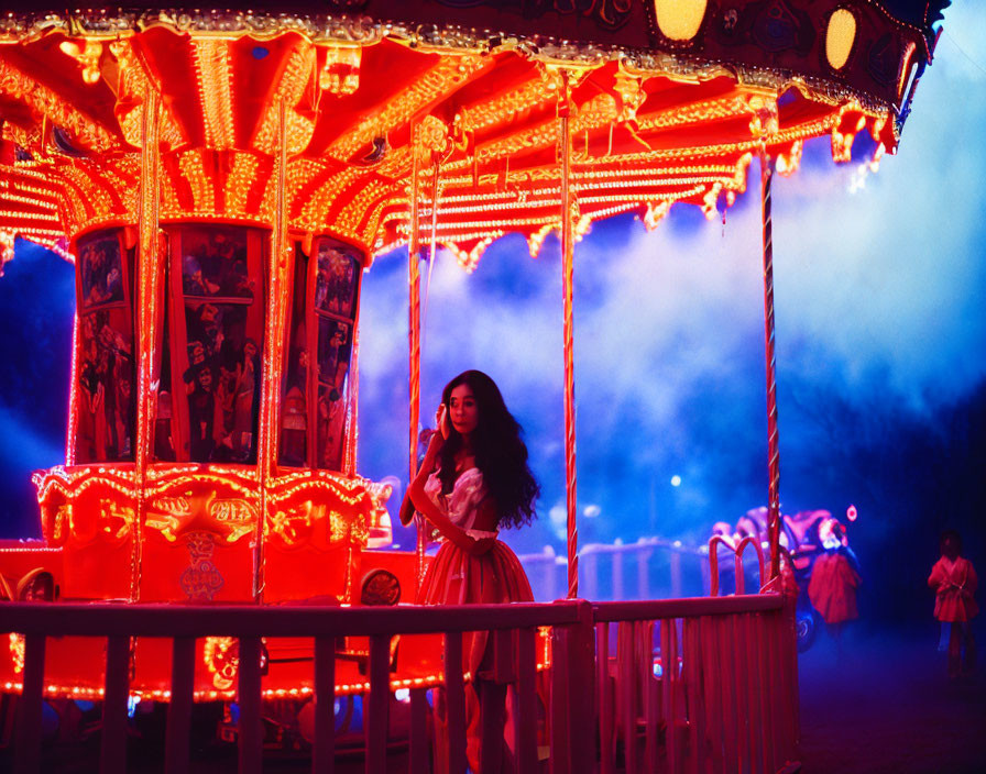 Woman standing by vibrant carousel in misty setting with lights and people in background