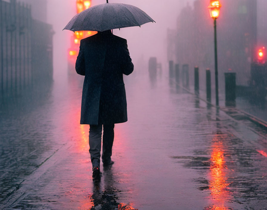 Person walking with umbrella on rainy street under glowing streetlights